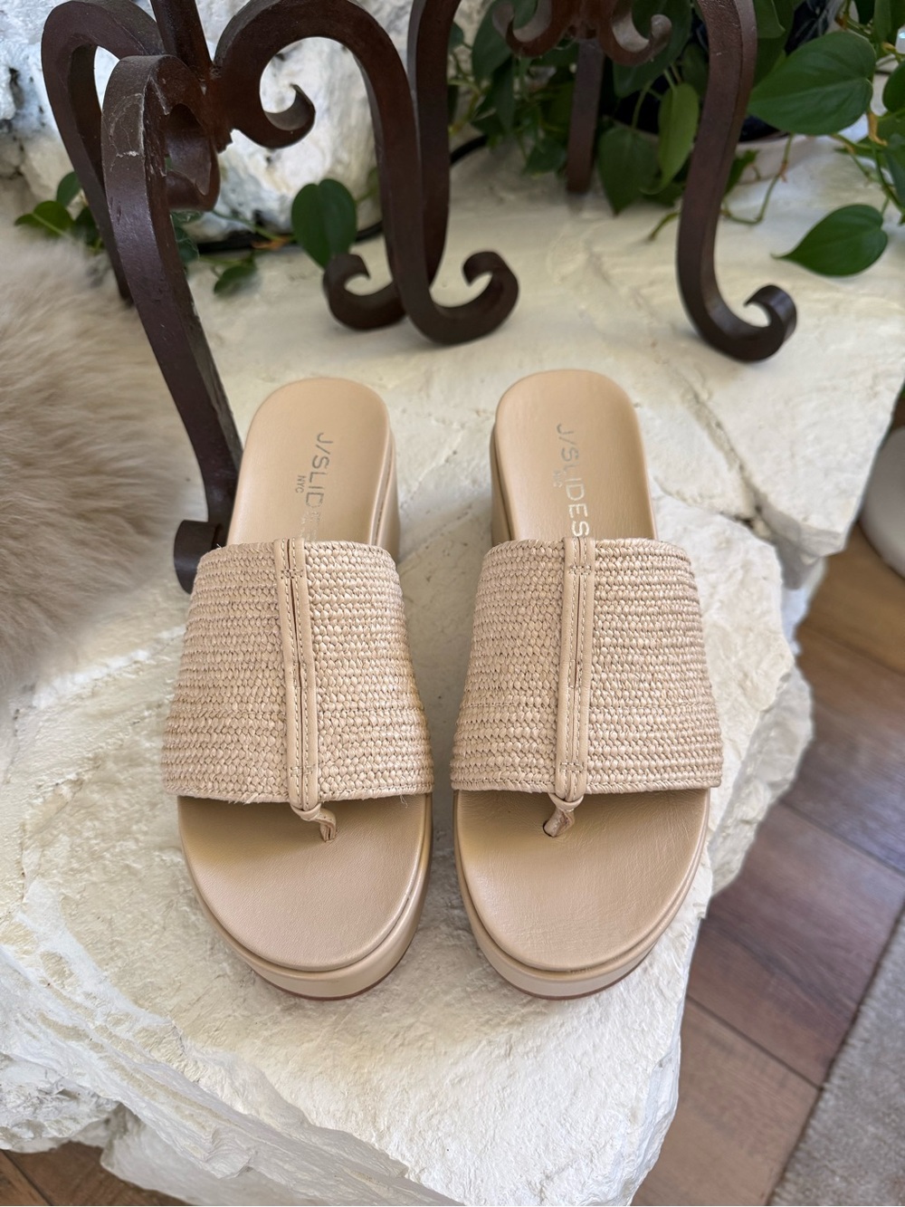 J Slides Beige Woven Platform